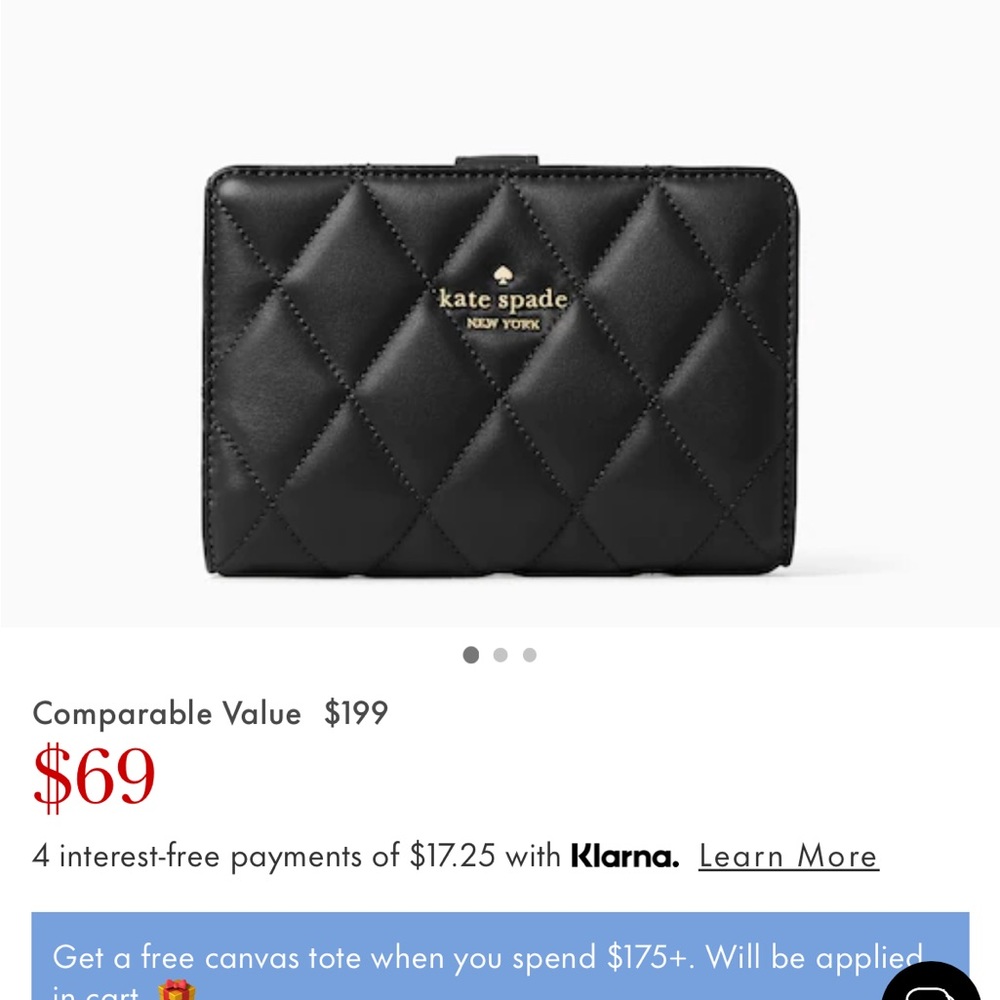 Kate Spade Natalia Medium Compact Bifold Wallet Smooth Quilted Black